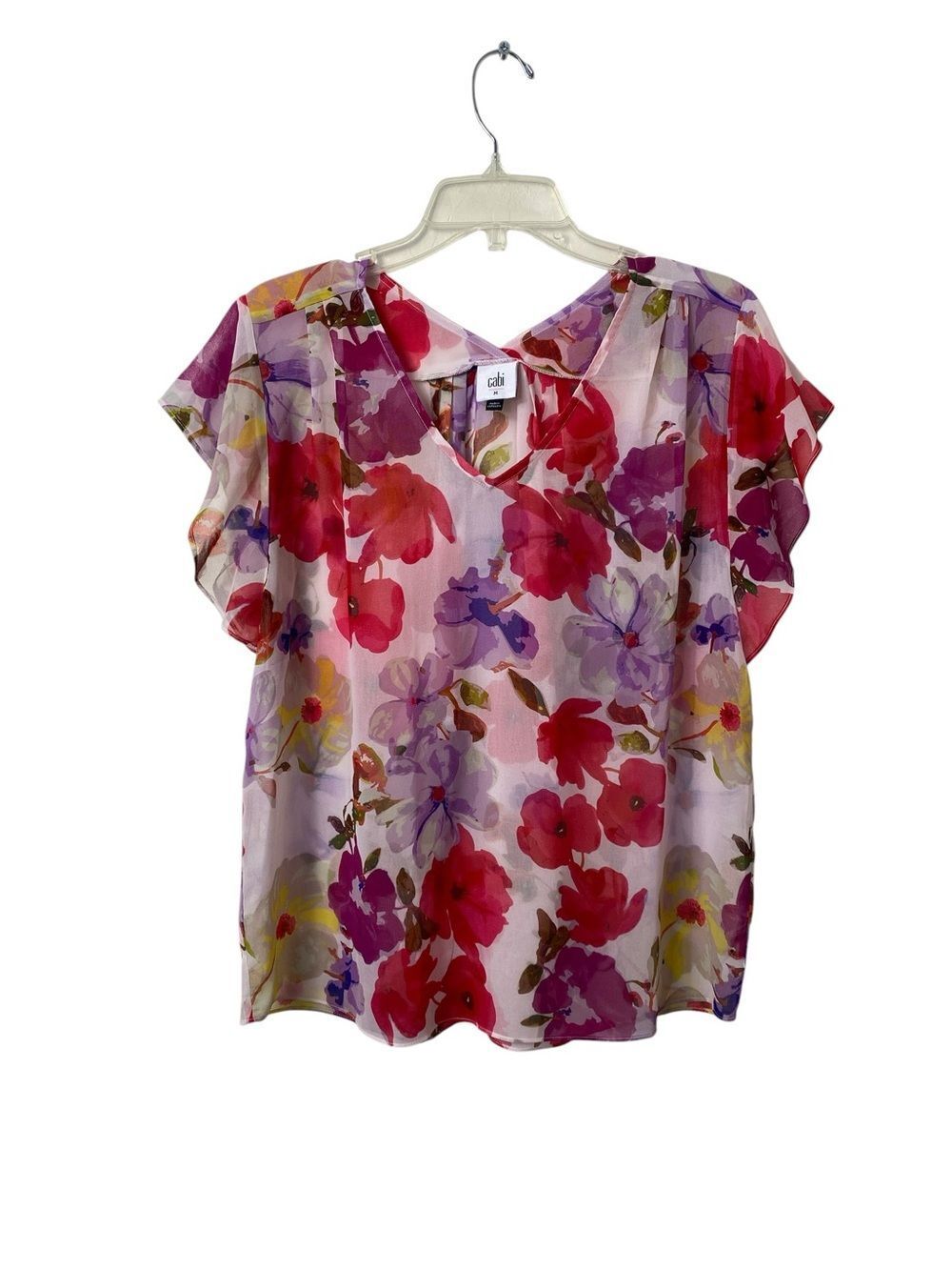 CAbi Pink Multi Floral V-Neck Flutter Sleeve Blouse